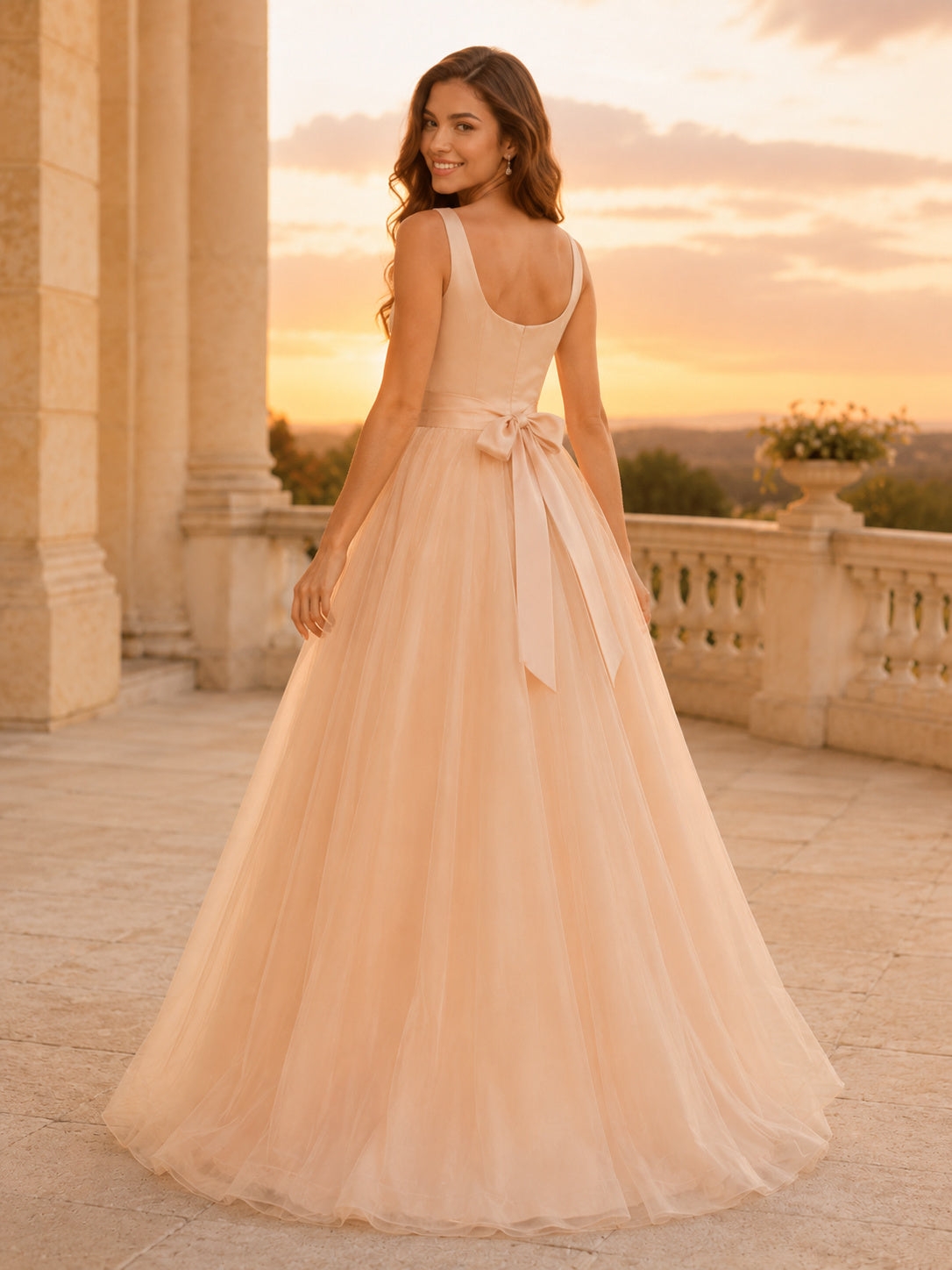 Champagne Simple Affordable Scoop Strap Tulle Satin Sash Quinceanera A-Line Summer Gown back view