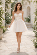 Ivory Strapless Sweetheart Lace Tulle Short Wedding Dress front view