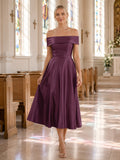 Plum Off Shoulder Satin A Line Chapel Guest Midi Dress front view