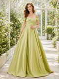 Lime Green Off Shoulder Pleated Satin A-Line Chapel Wedding Dress front view