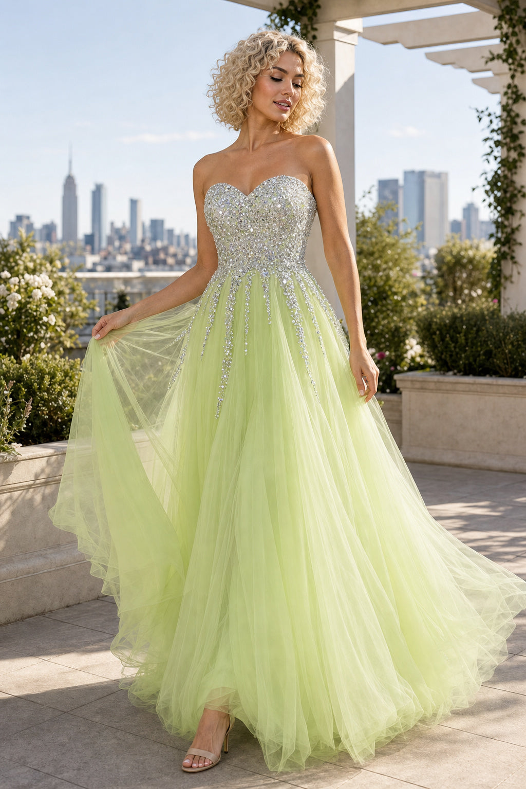 Lime Strapless Sweetheart Ball Gown Tulle Floor-Length Dress With Beaded Bodice