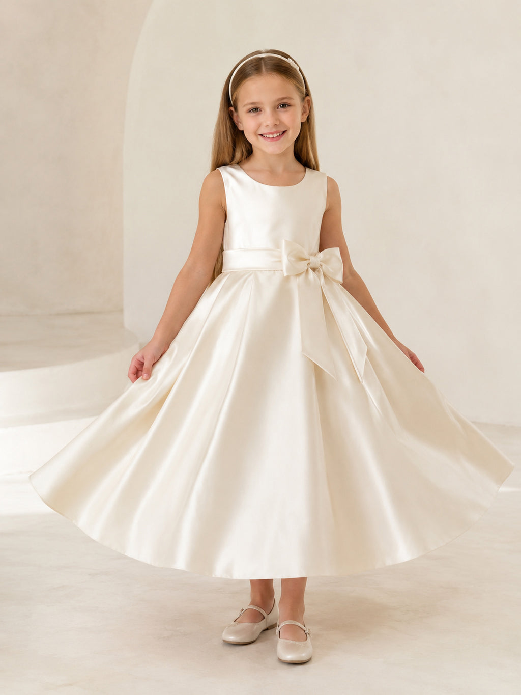 Ivory Satin Tea Length Flower Girl Dress with Bow Waist front view