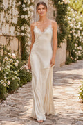 Simple Cowl Back Satin Sheath Wedding Dress with Spaghetti Straps and Soft Floor Length front view