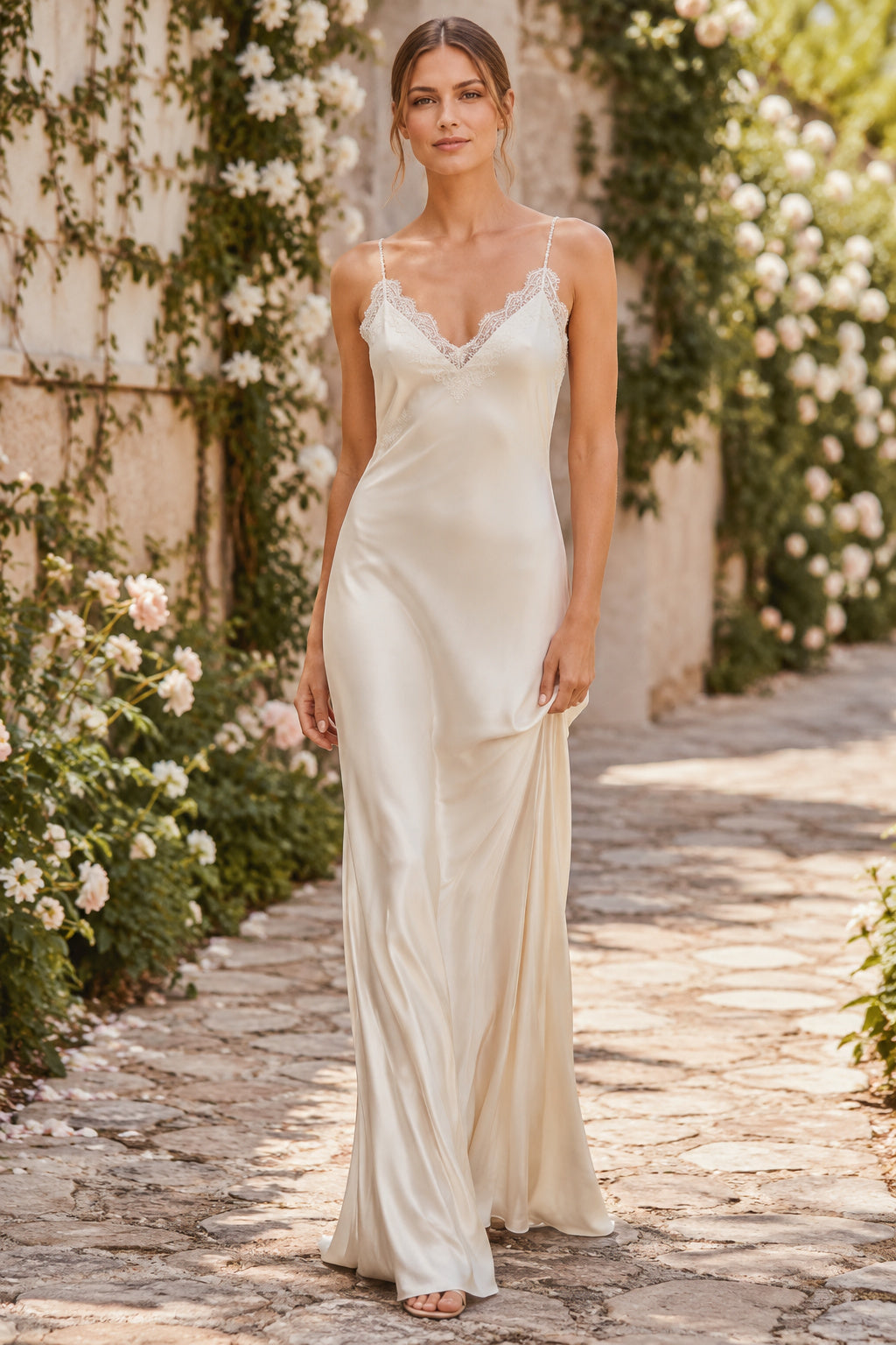 Simple Cowl Back Satin Sheath Wedding Dress with Spaghetti Straps and Soft Floor Length front view