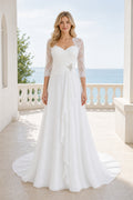 White Illusion Flutter Sleeves A-Line Satin Floor-length Wedding Dress With Pleated Skirt and Layered Skirt