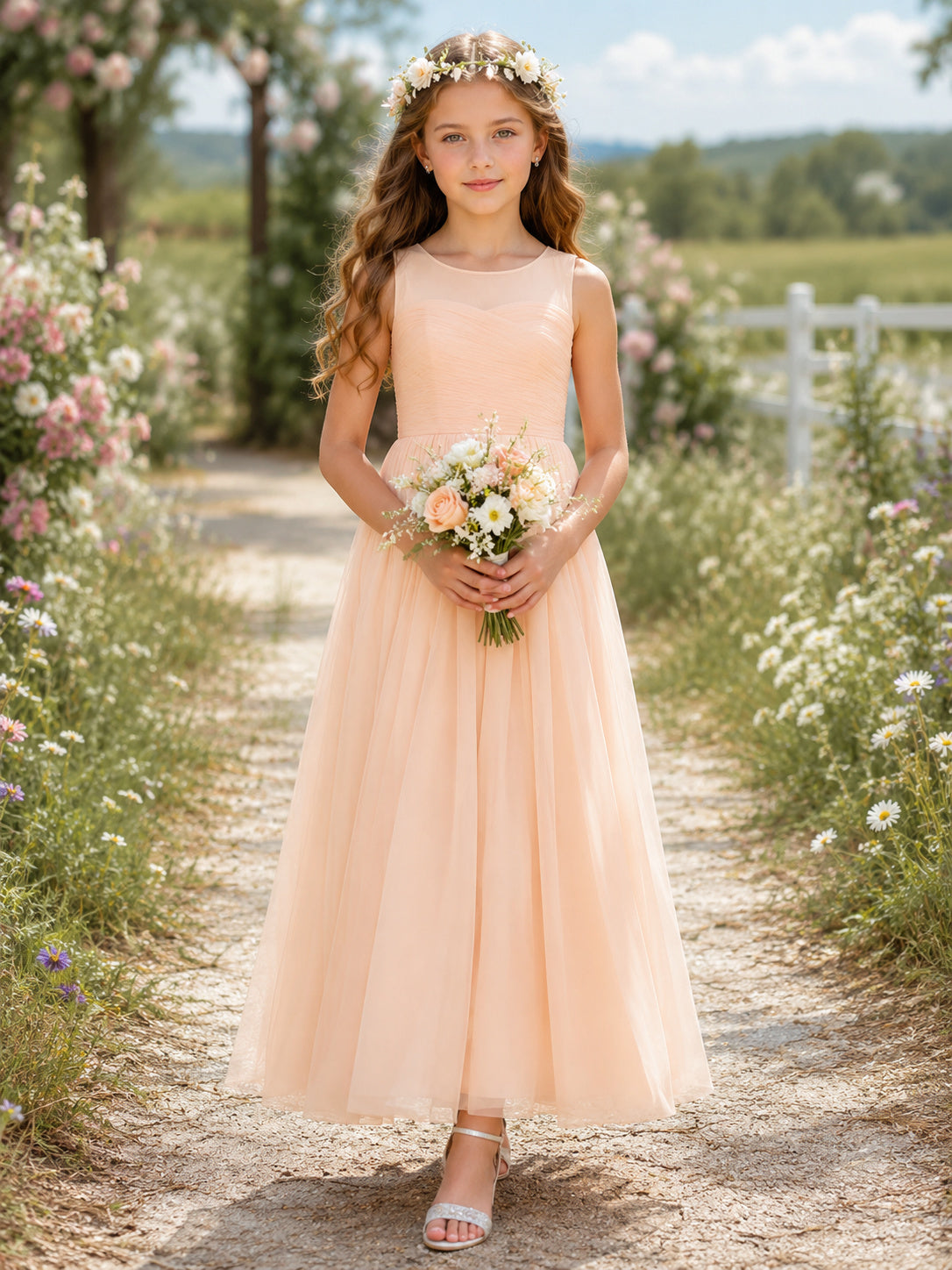Flower Girl Dress Blush Tulle A-Line Scoop Floor length Sash Detail front view