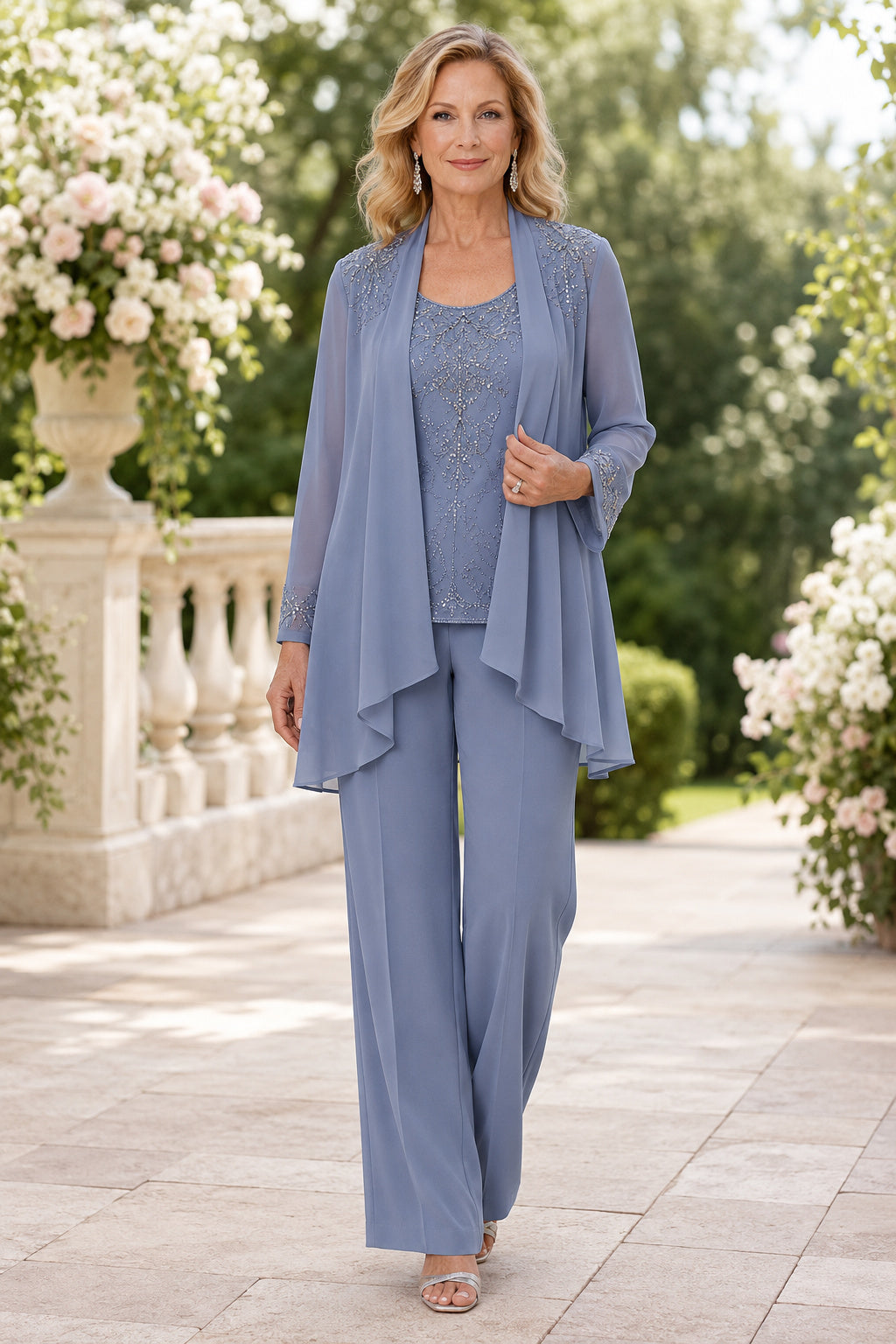 Steel Blue Three Piece Chiffon Mother Jumpsuit with Draped Jacket and Wide Legs for Formal Reception front view