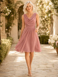 Dusty Rose Chiffon Cowl A-Line Cocktail Dress front view