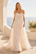 Wedding A-Line Lace Dress with Off-Shoulder Neckline and Chapel Train front view