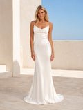 Beach Satin Wedding Dress Sheath Spaghetti Strap Sweep Train Bridal Gown front view