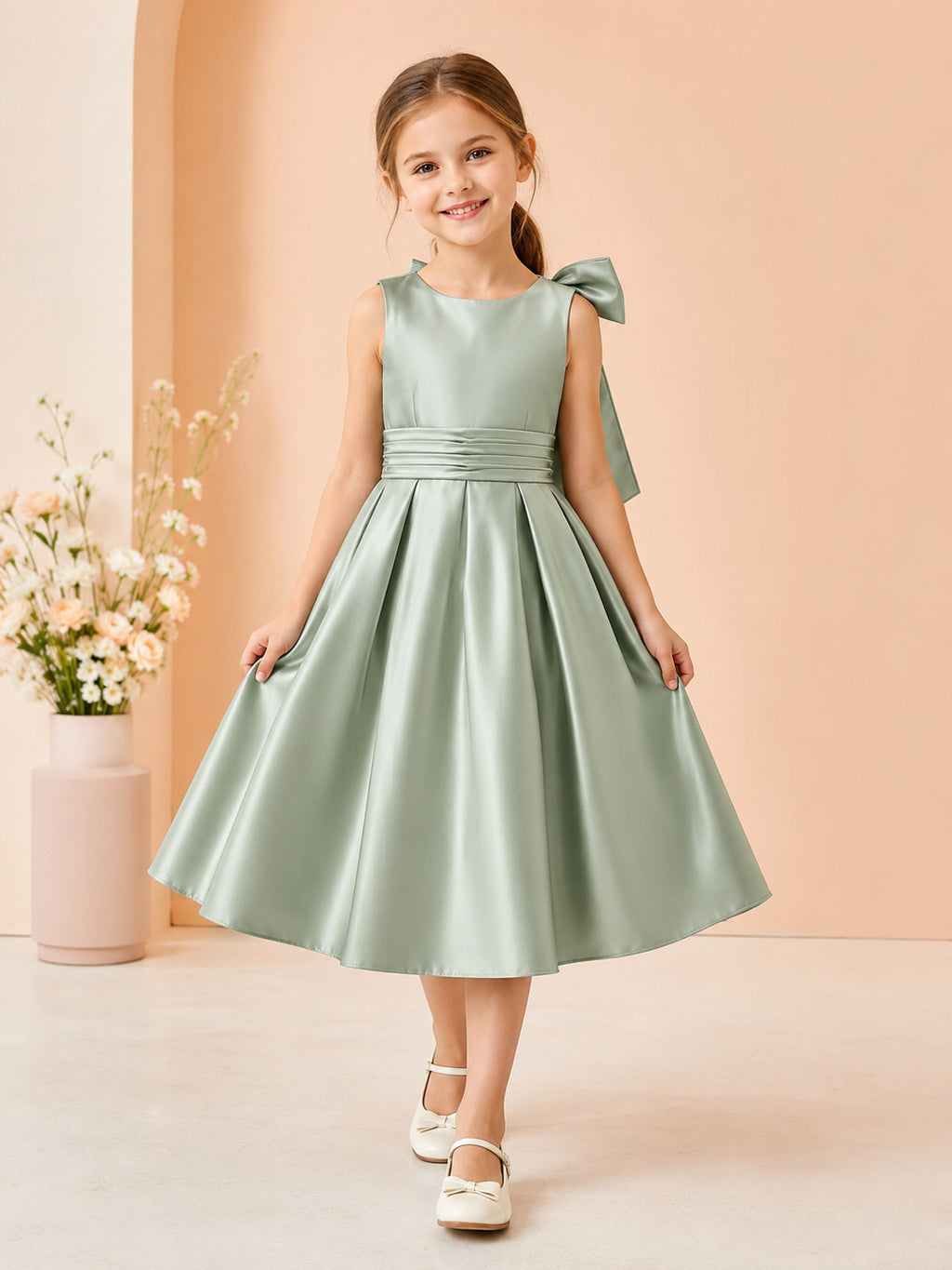 Modern Tea-Length A-Line Garden Flower Girl Sage Satin One-Shoulder Bow Party Dress front view