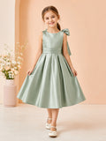 Modern Tea-Length A-Line Garden Flower Girl Sage Satin One-Shoulder Bow Party Dress front view