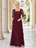 Burgundy Luxury Floor-Length A-Line Mother of the Bride Chiffon Gown with Square Neck Sequined Three-Quarter-Sleeve Bodice fr