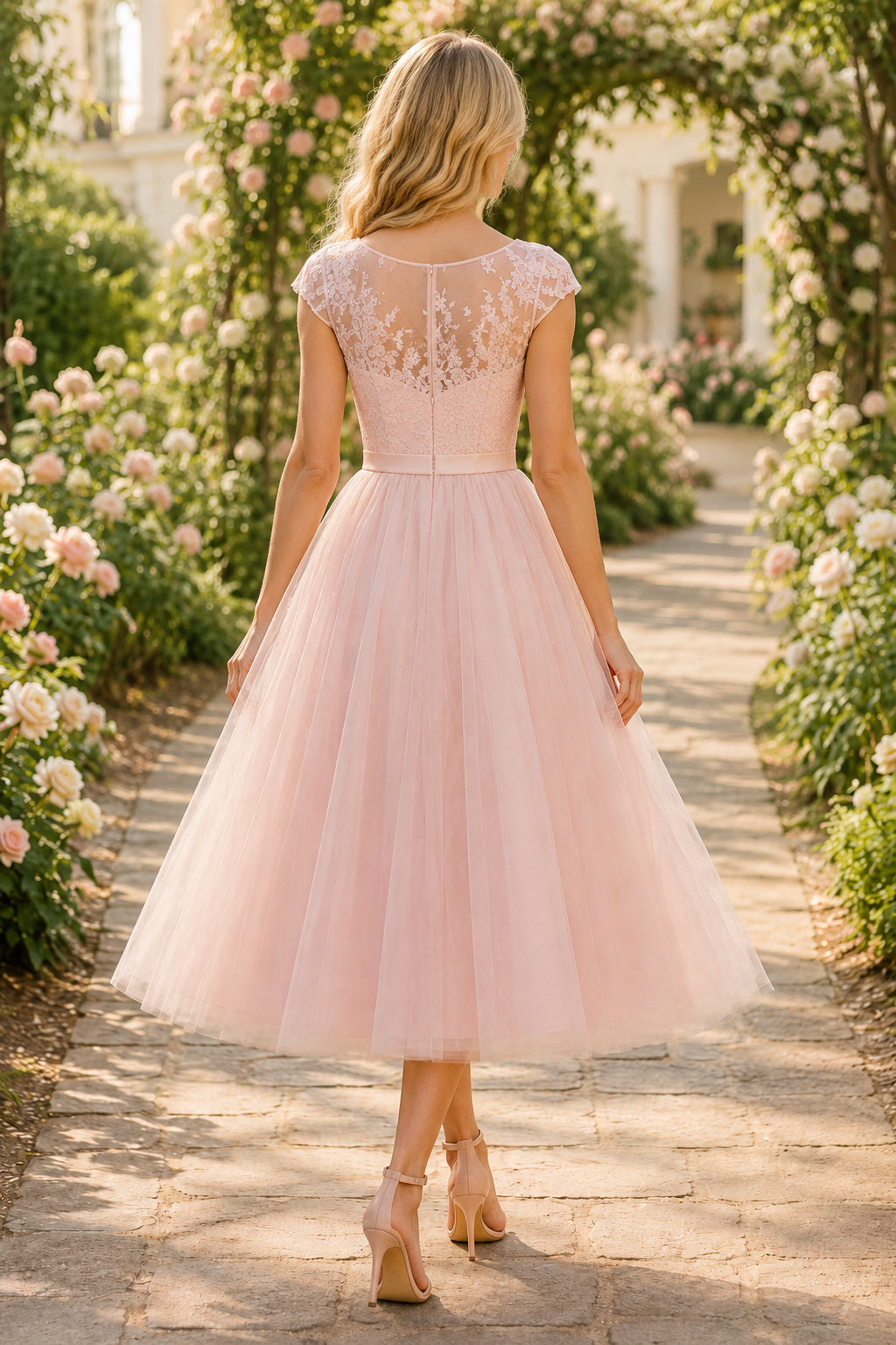 Blushing Pink Lace Cap Sleeve Tea-Length Wedding Dress with Tulle Skirt Style MG_300551 back view