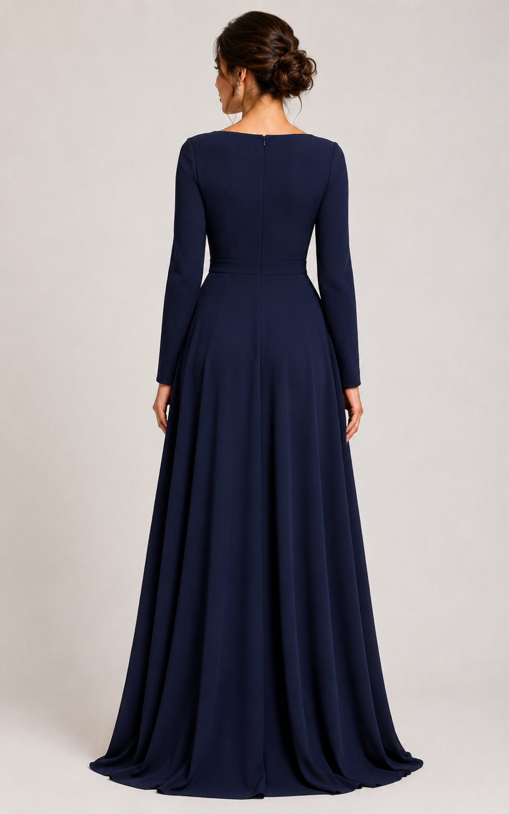 Modest Navy Formal Dress with Long Sleeves Bateau A-Line Evening Gown back view