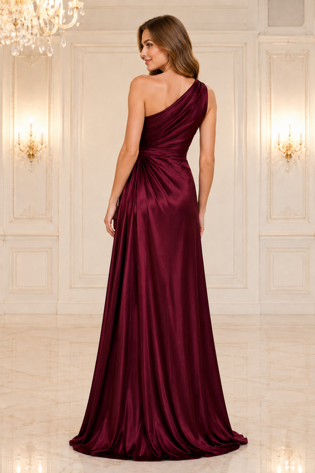 Burgundy One-Shoulder Satin Evening Dress with Draped Waist and Floor-Length Skirt back view