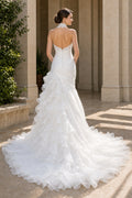 White Halter Mermaid Satin, Tulle Floor-length Wedding Dress With Ruffles and Train and Open Back