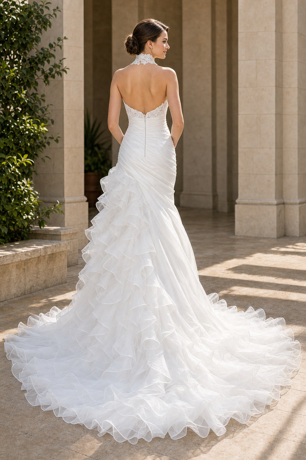 White Halter Mermaid Satin, Tulle Floor-length Wedding Dress With Ruffles and Train and Open Back