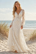 Ivory Long Sleeve V-Neck Lace A-Line Wedding Dress Low Back Train for Bridal Ceremony and Reception front view