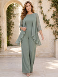 Sage Mother Pantsuit with Draped Chiffon Jacket, Bateau Top and Wide Leg Pants front view