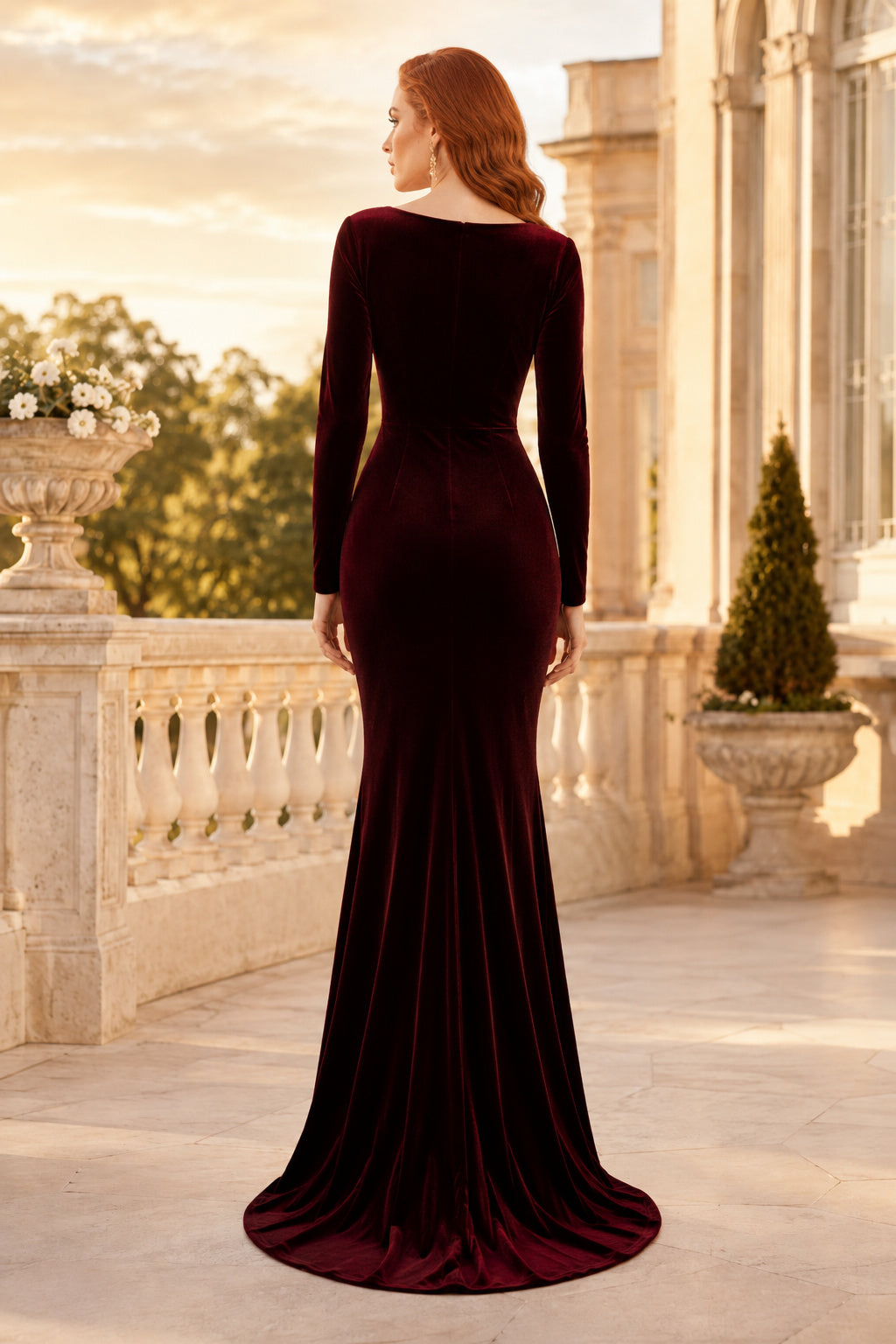 Burgundy Long Sleeve Velvet Mermaid Evening Dress with Bateau Neck and Sweep Train back view