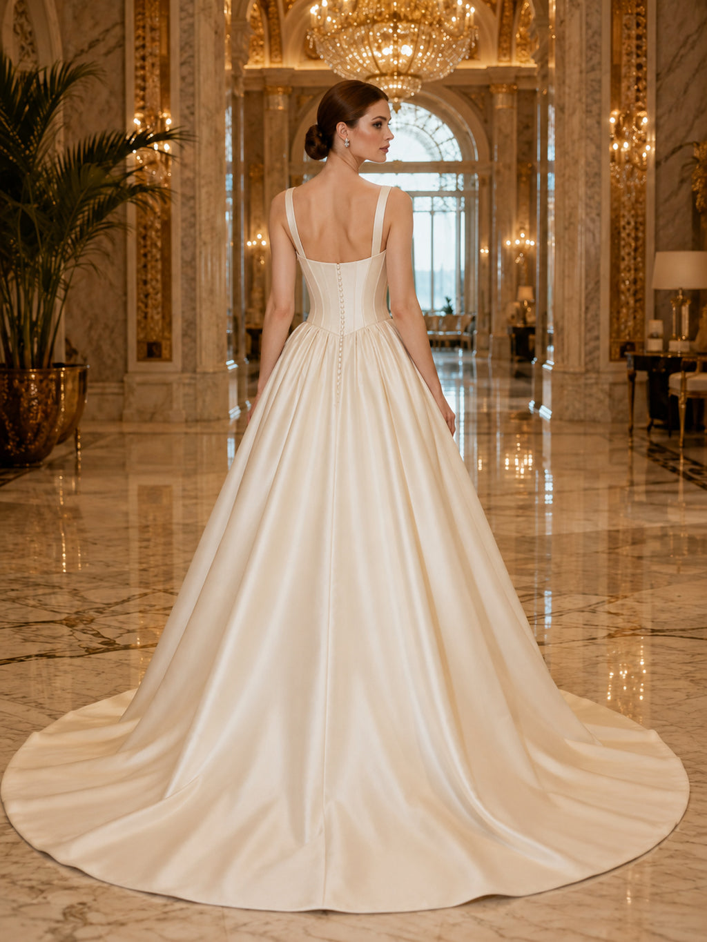 Princess Square Neck Strap Satin Ball Gown Chapel Train Destination Wedding Dress back view