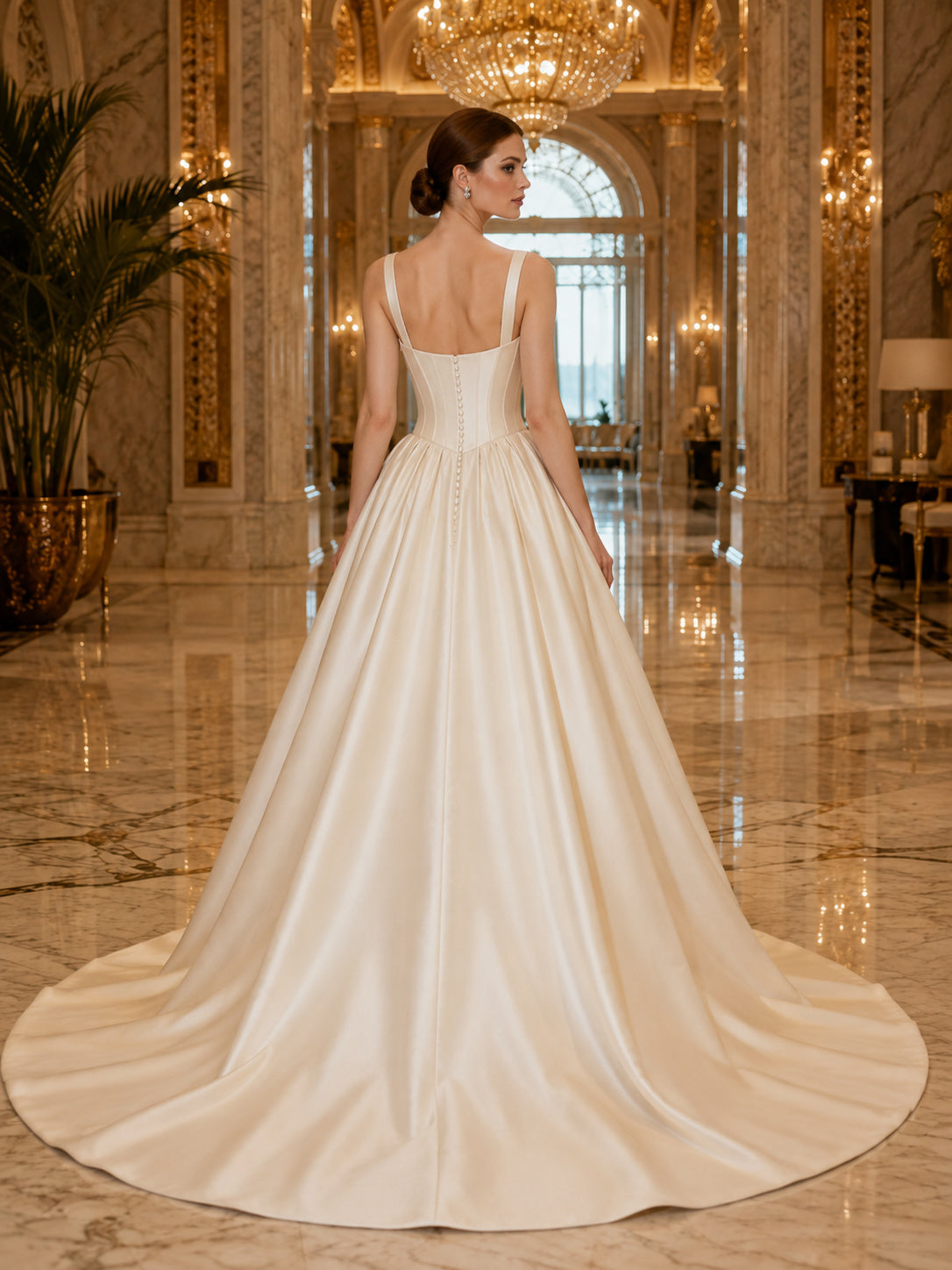 Princess Square Neck Strap Satin Ball Gown Chapel Train Destination Wedding Dress back view