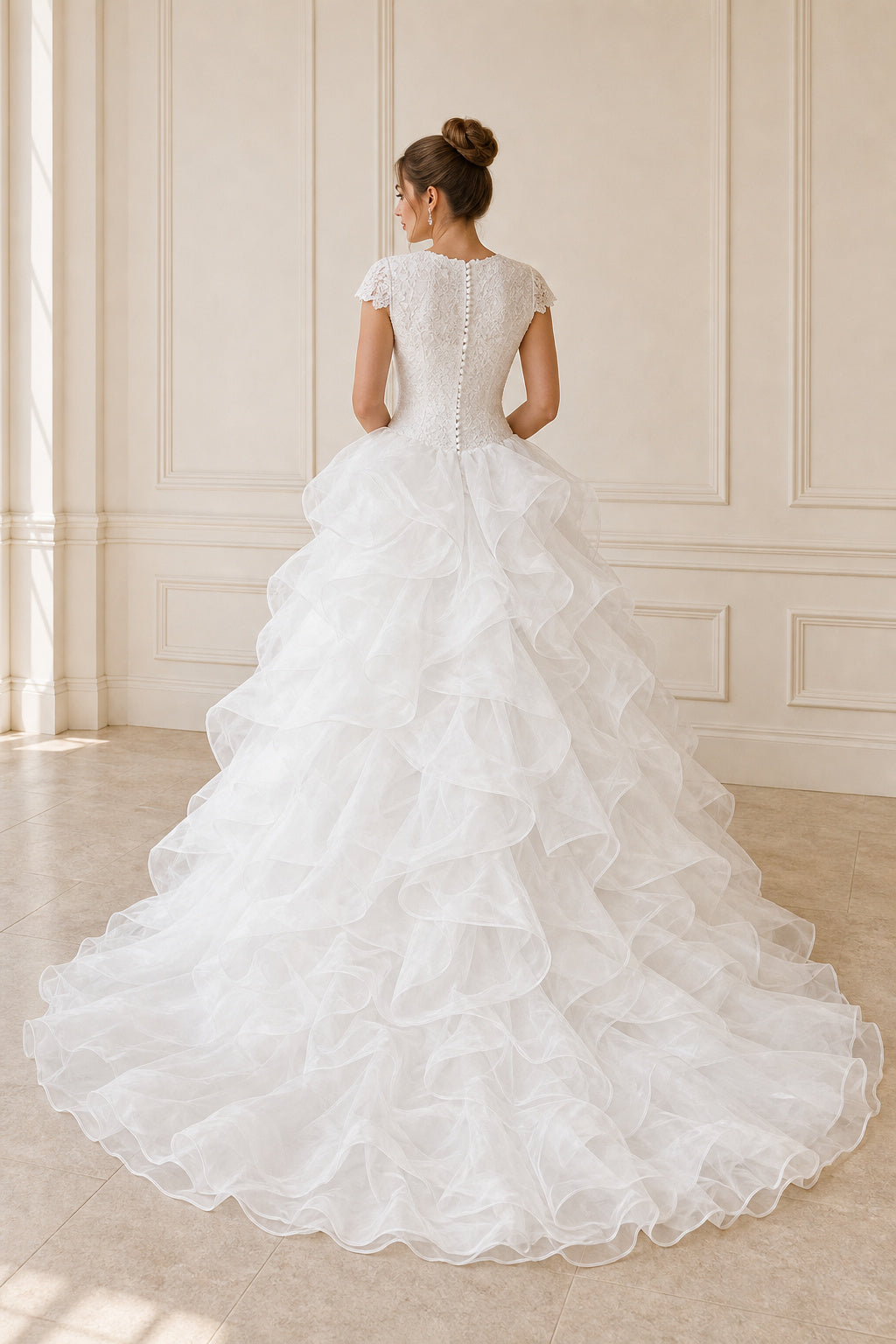 White Bateau Cap Sleeves Ball Gown Tulle Floor-length Wedding Dress With Ruffles and Appliques