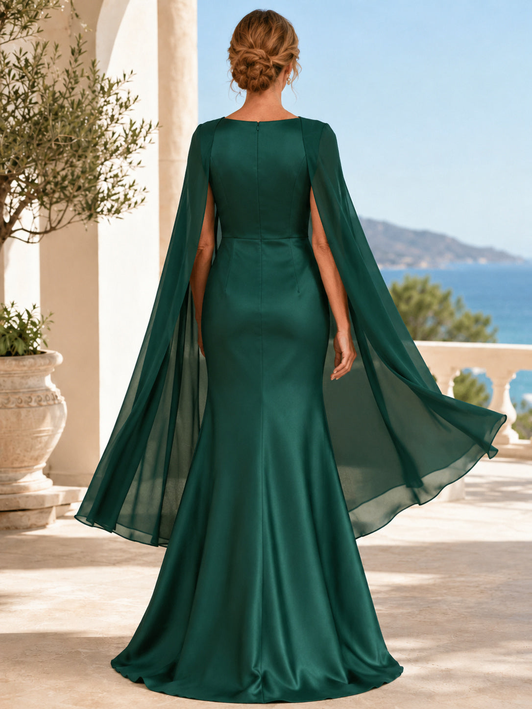 Dark Green Floor-Length Mermaid Luxury Mother of the Bride Satin Gown with Square Neck Long Split Cape and Sweep Train back v