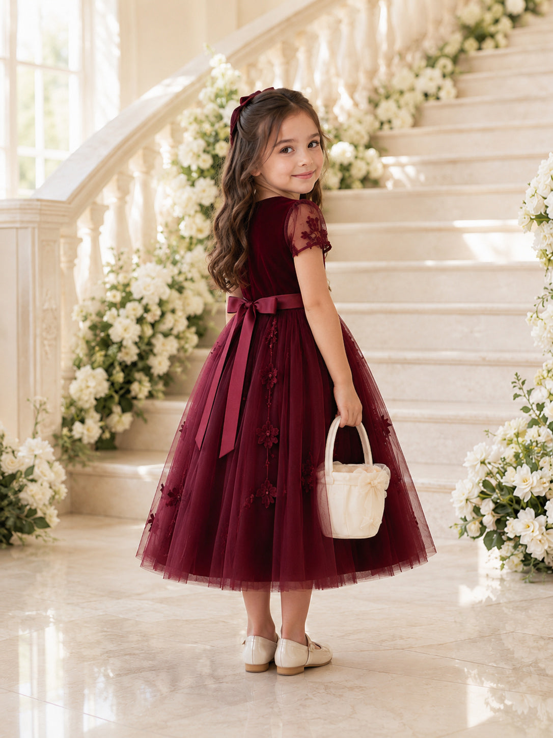 Burgundy Flower Girl Dress Vintage Tea-Length A-Line Short Illusion Sleeve Velvet Bodice 3D Floral Tulle Satin Bow back view