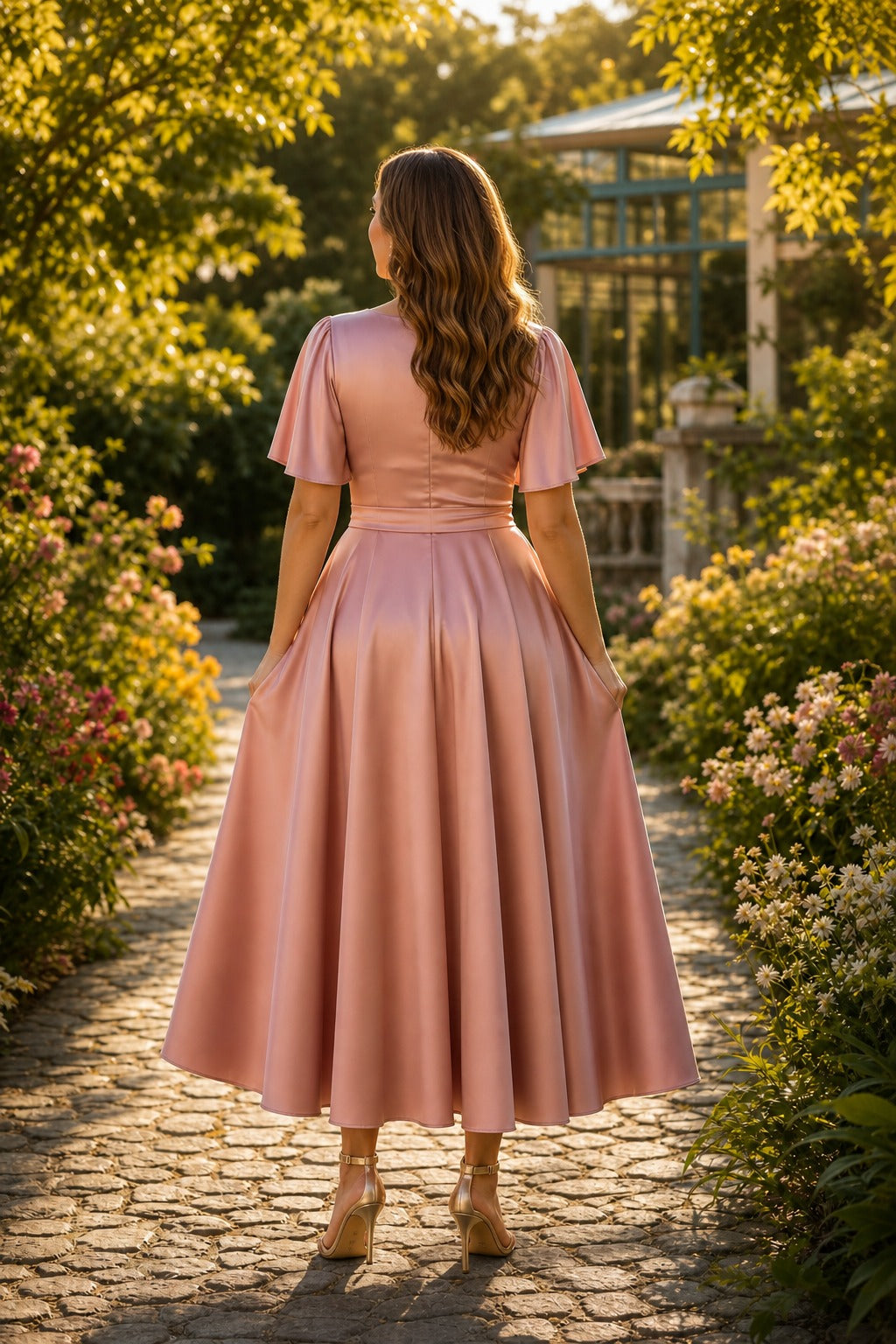 Dusty Rose Scoop Neck Tea-Length Satin A-Line Dress