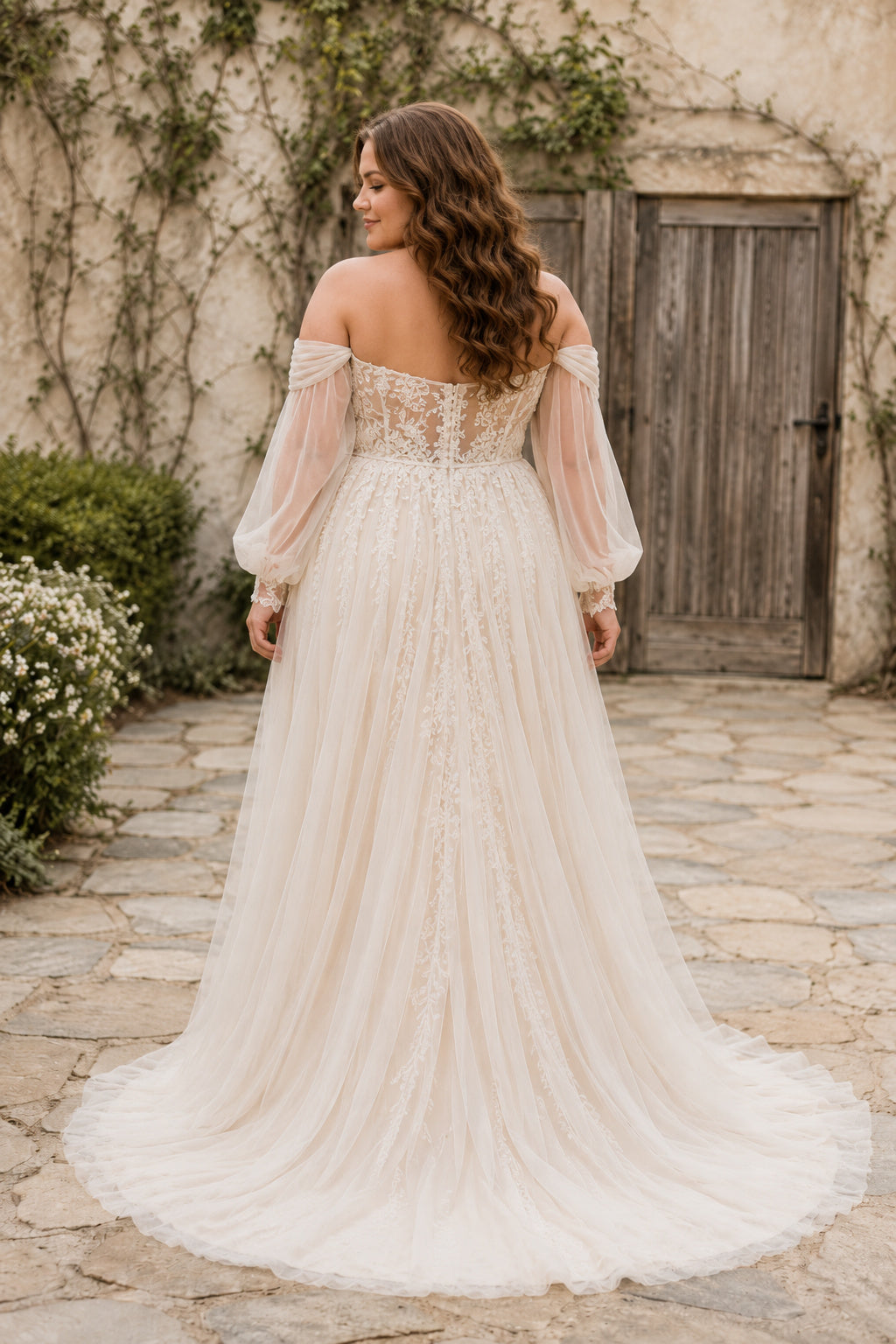 Plus Size Off-the-Shoulder Empire Tulle Wedding Dress with Sheer Long Sleeves back view