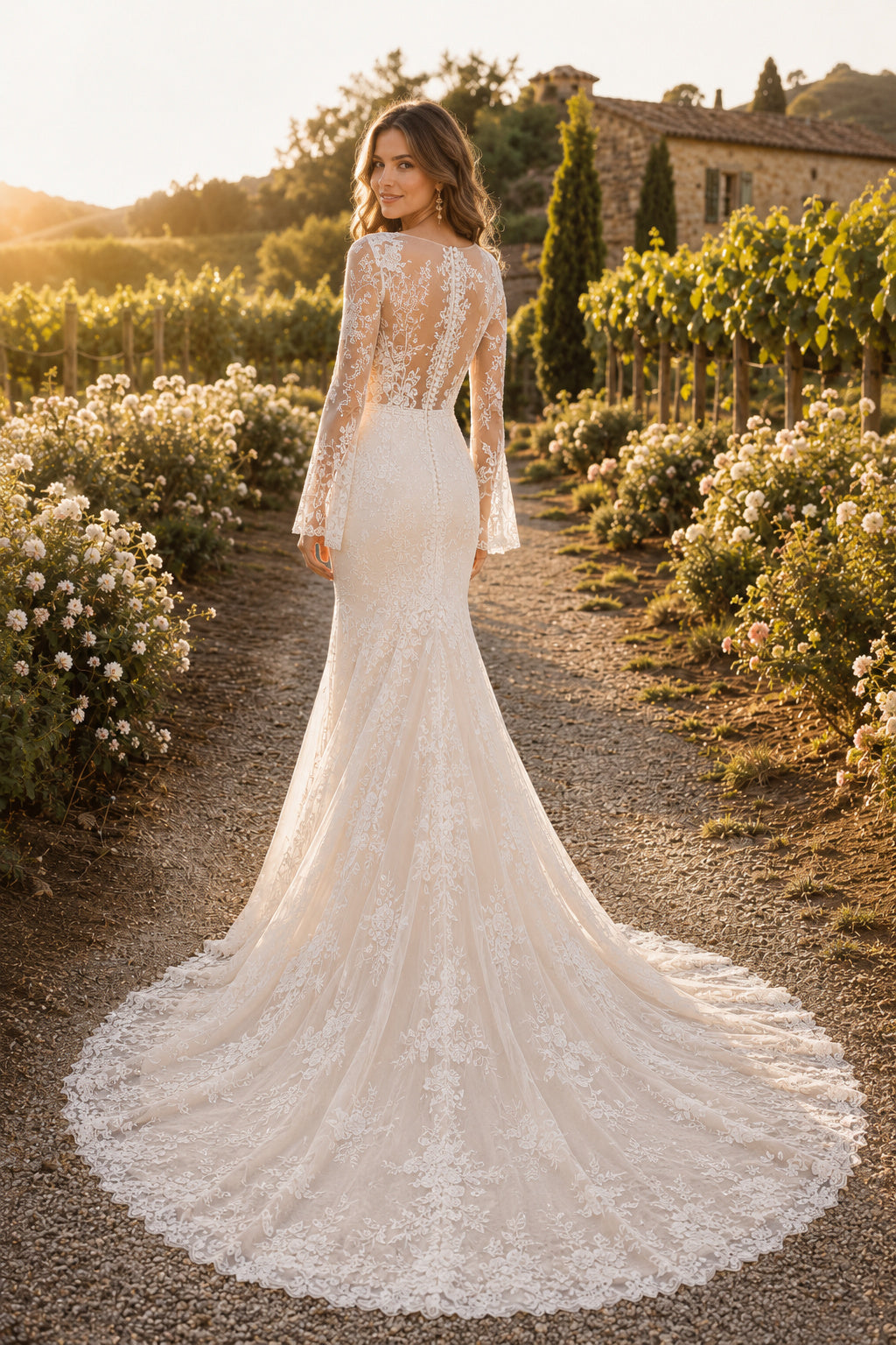 Ivory Long Sleeve V-Neck Lace Mermaid Wedding Dress Chapel Train for Wedding Ceremony and Reception back view