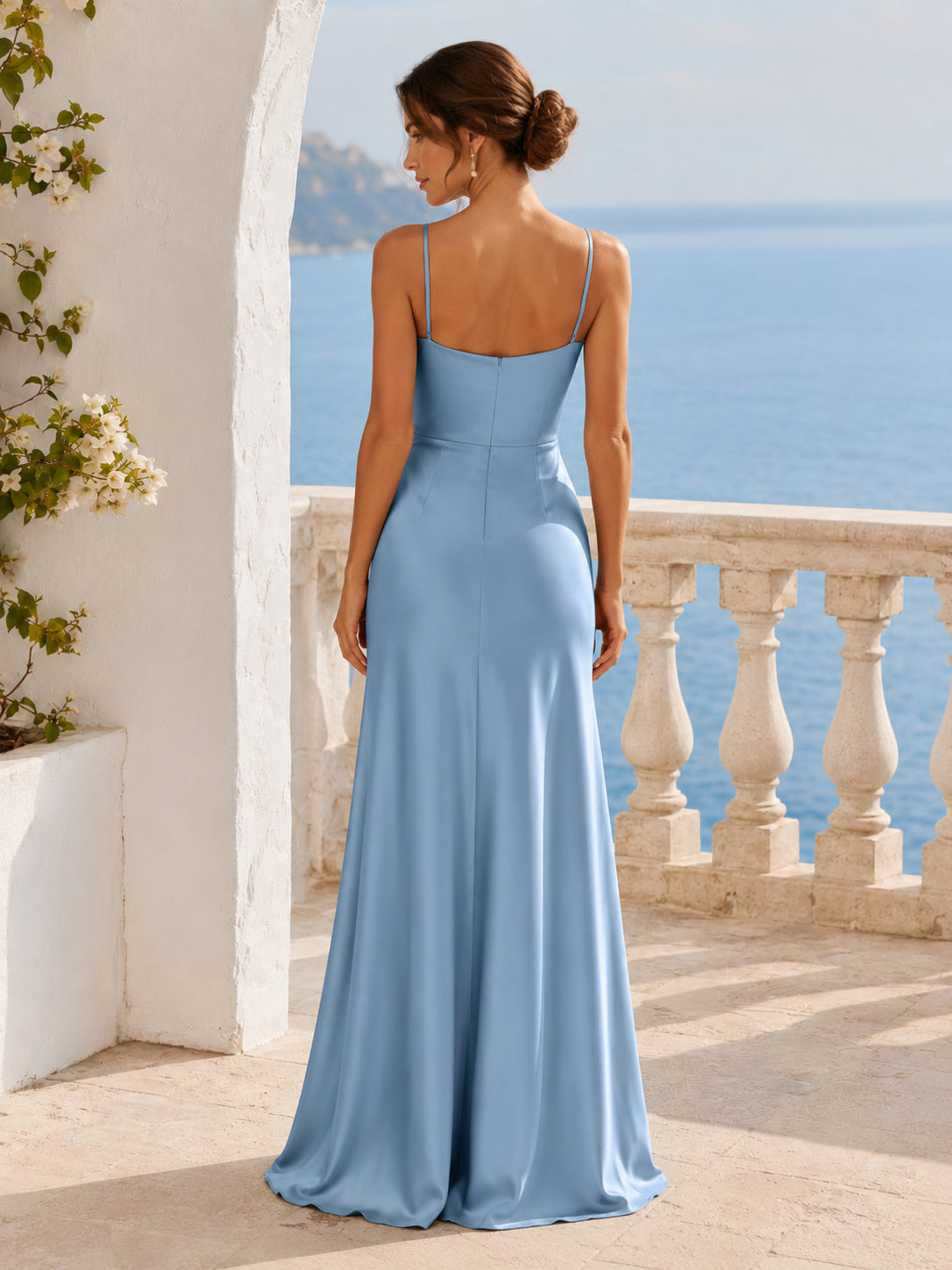 Steel Blue Coastal Sheath Satin Bridesmaid Dress with Sleeveless Cowl Neck Spaghetti Strap Bodice, Ruched Split Floor-Length