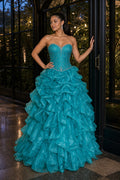 Teal Strapless Sweetheart Ball Gown Tulle Floor-Length Dress With Ruffle Skirt