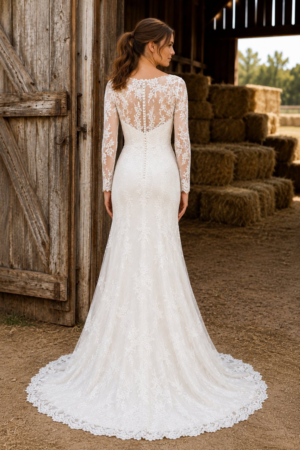 V-Neck Long Sleeve Mermaid Wedding Dress with Illusion Lace Back and Sweep Train back view