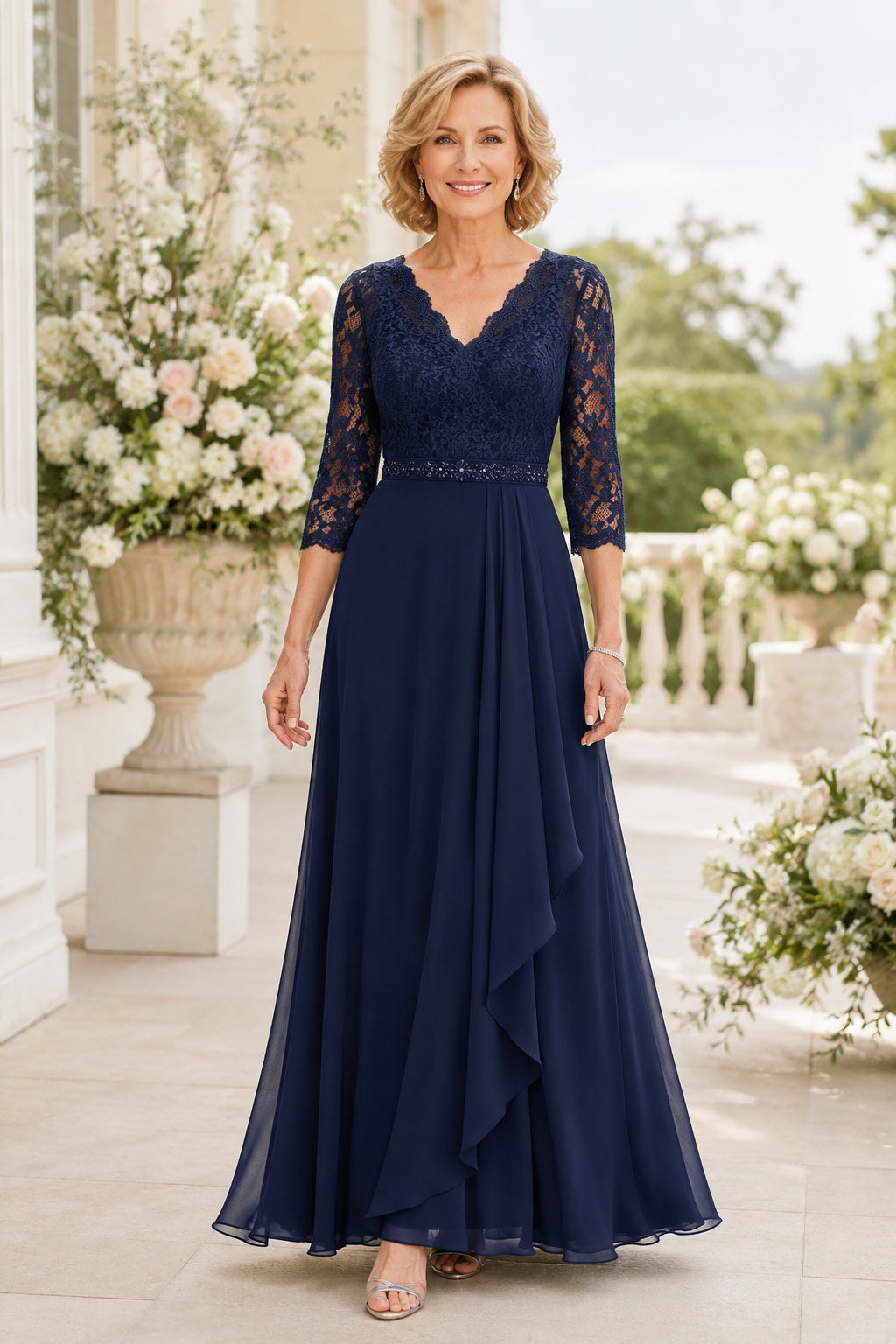Dark Navy V-Neck Chiffon A-Line Mother Dress with Lace Sleeves and Beaded Waist front view
