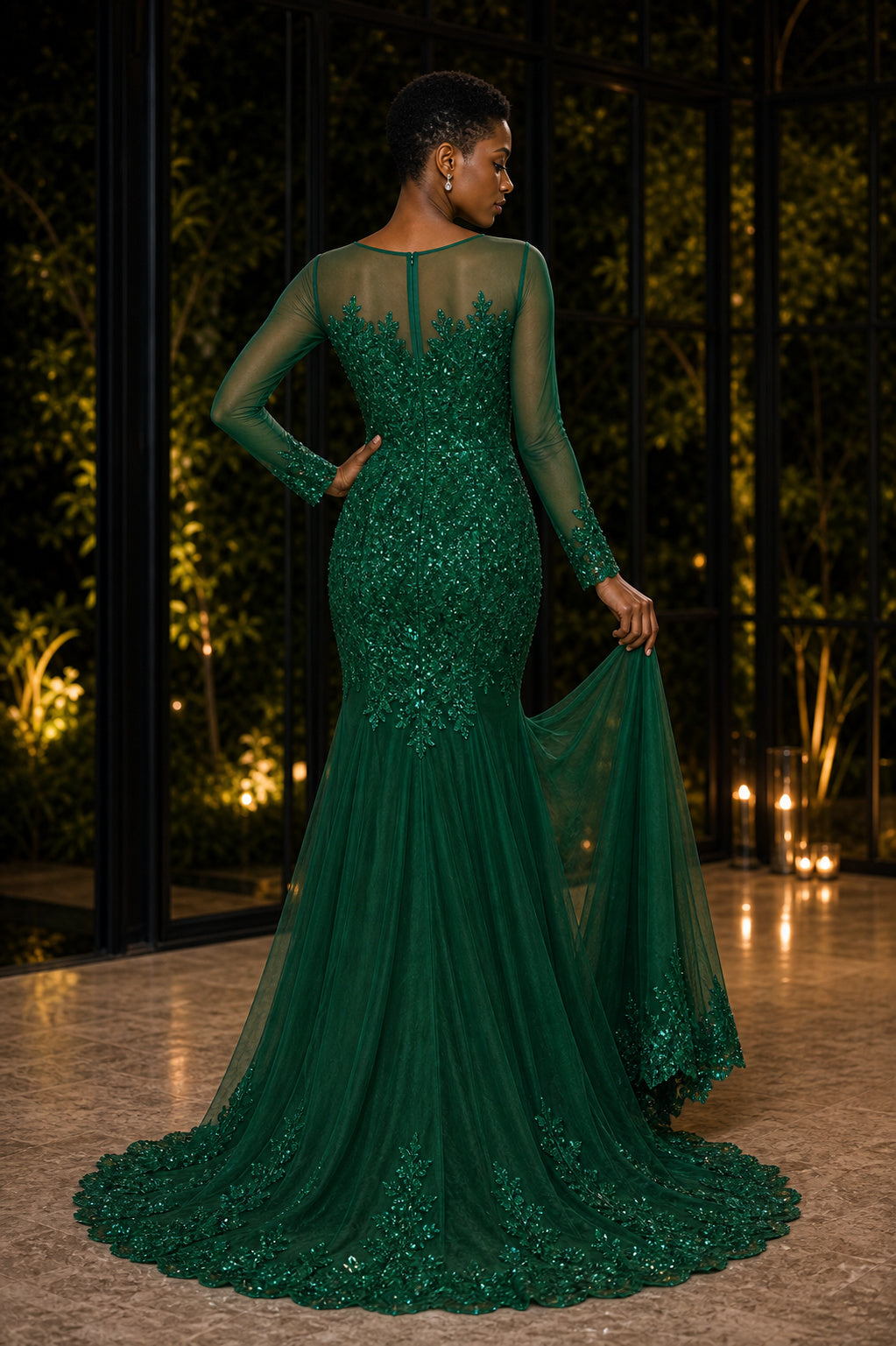Illusion Neck Long Sleeve Mermaid Sequin Floor-Length Dress With Train