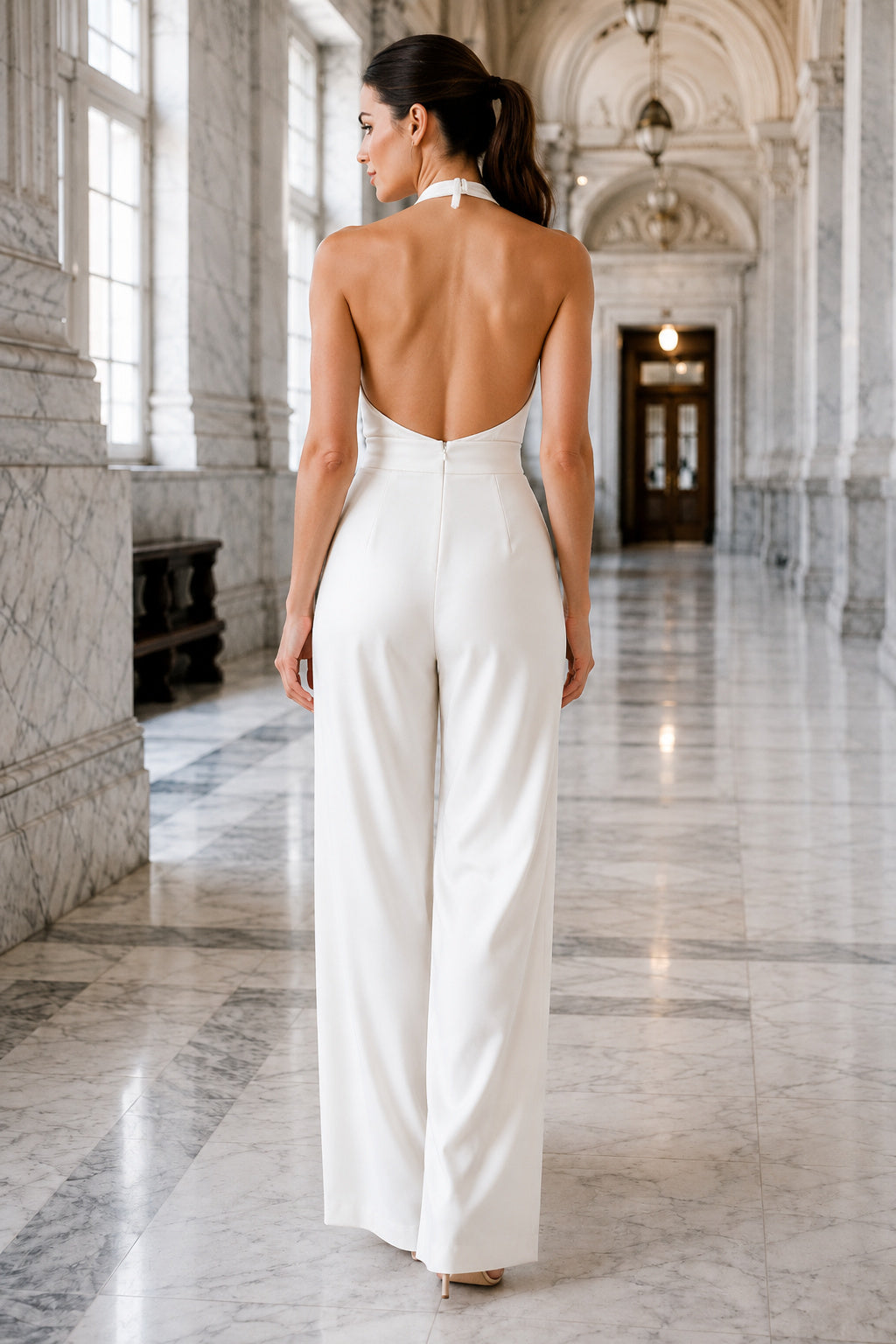 White Halter Cowl Backless Satin Wedding Jumpsuit back view
