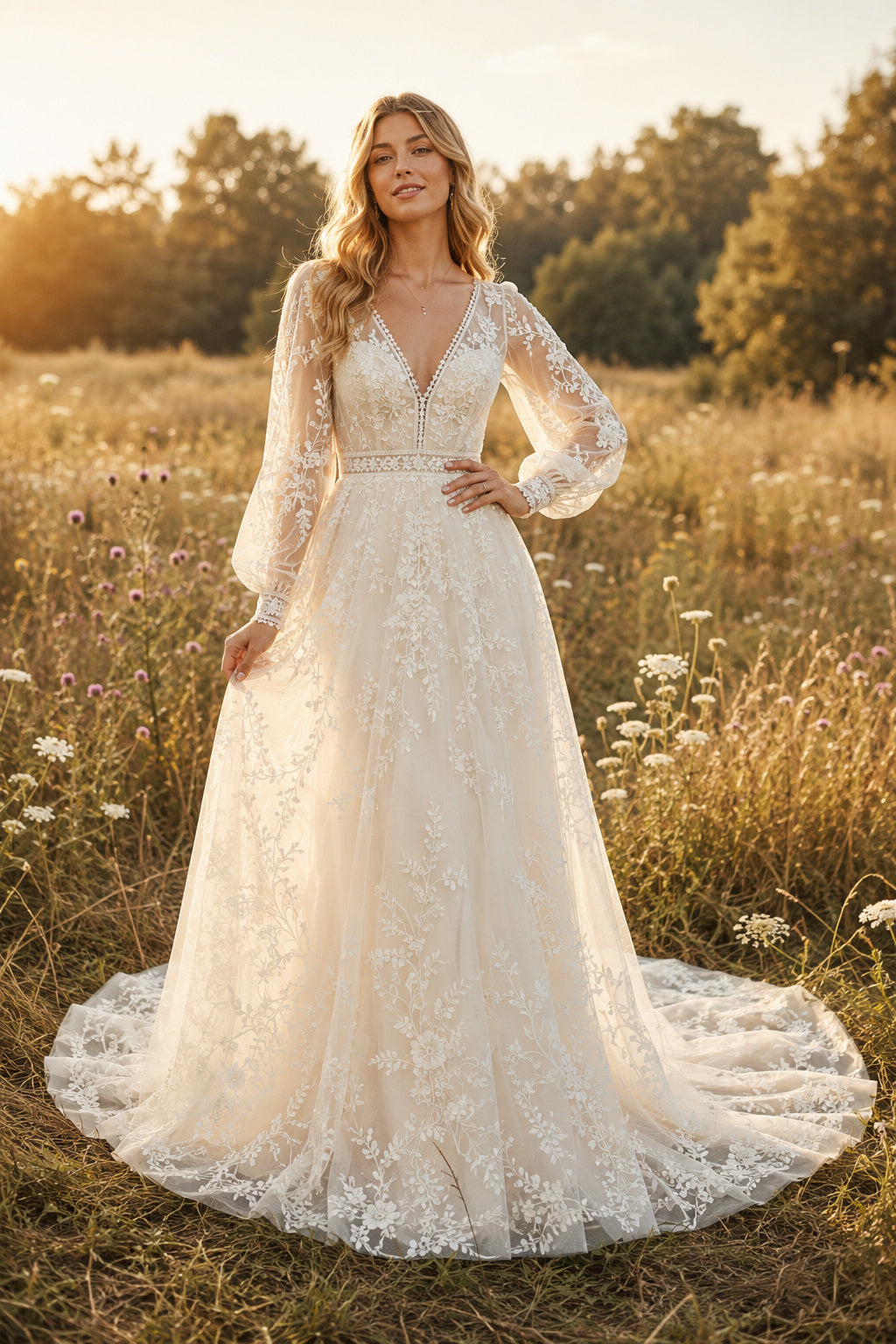 Ivory V-Neck Bishop Sleeve Lace A-Line Wedding Dress with Beaded Waist and Chapel Train front view