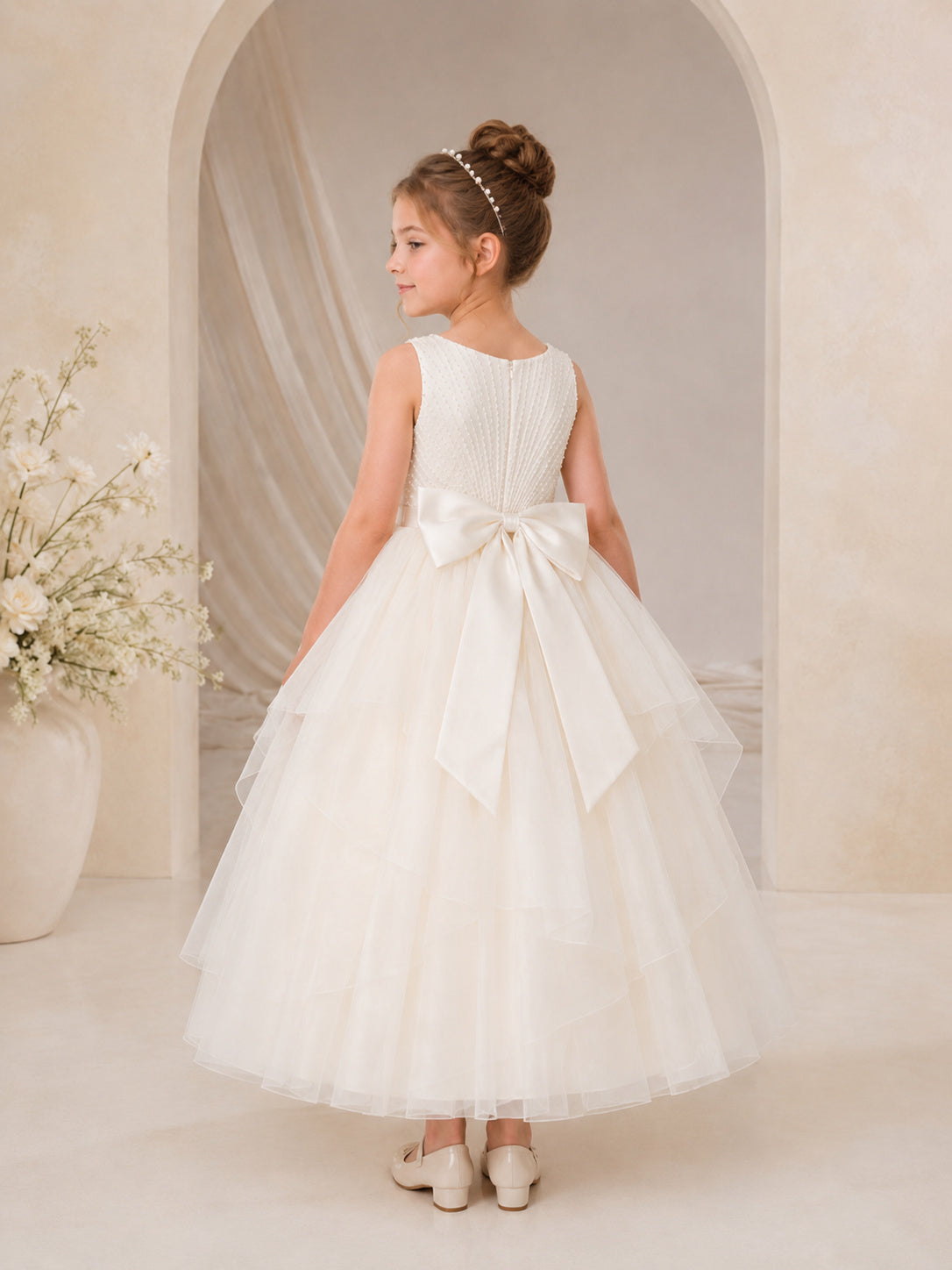 Flower Girl Dress White Satin Tulle A-Line Sleeveless Jewel Neck Tea Length Sash Detail back view