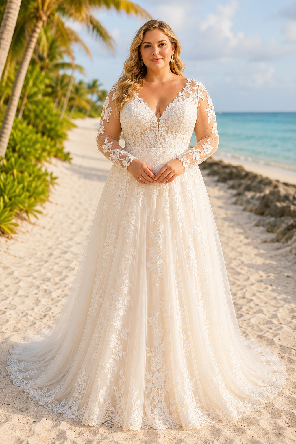 Plus Size Ivory V-Neck Long Illusion Sleeve Lace Tulle A-Line Wedding Dress with Long Lace Sleeves and Beach Chapel Train fro