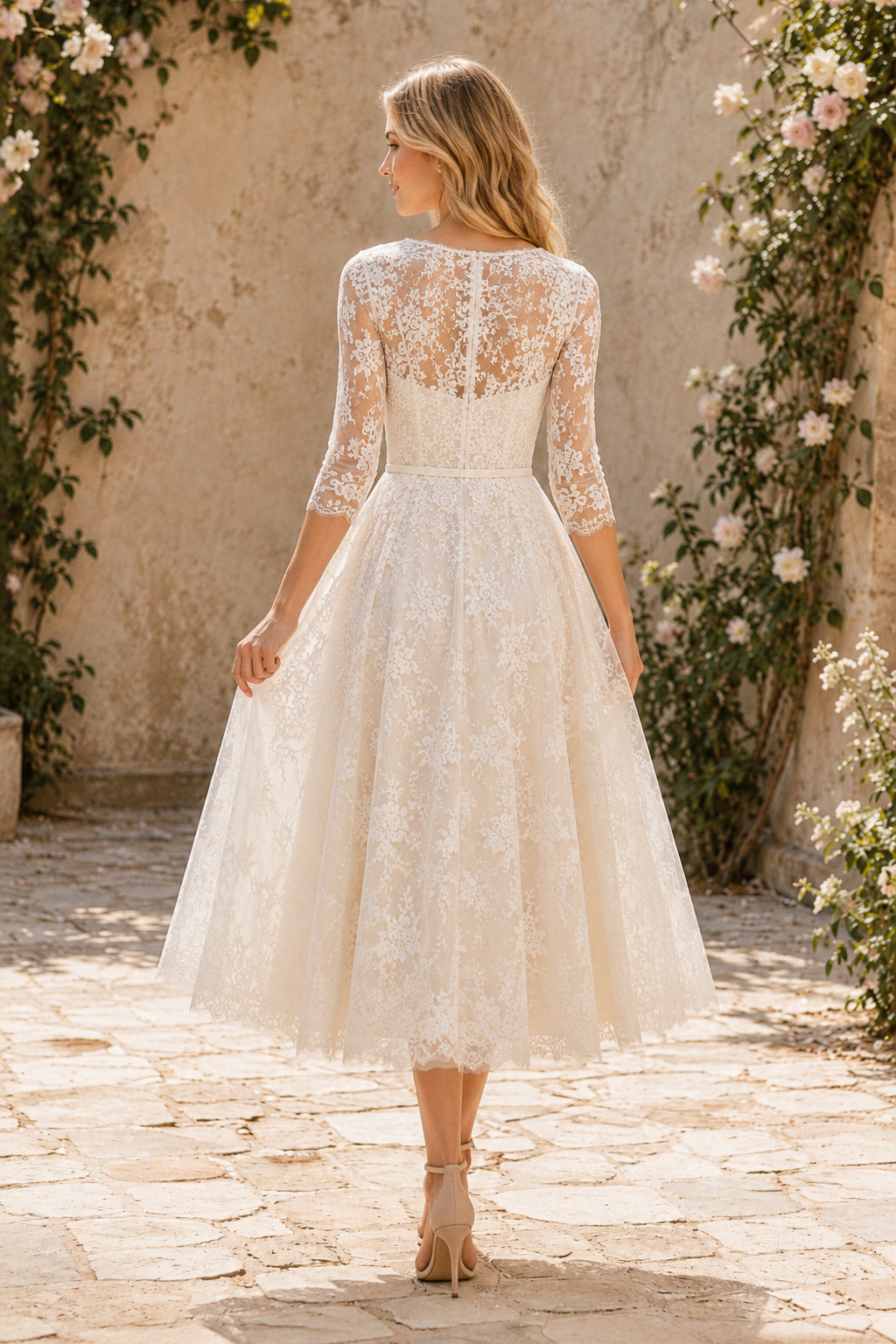 Ivory V-Neck Three-Quarter Sleeve Lace Tulle Tea-Length Wedding Dress with Three-Quarter Lace Sleeves and Midi Skirt back vie