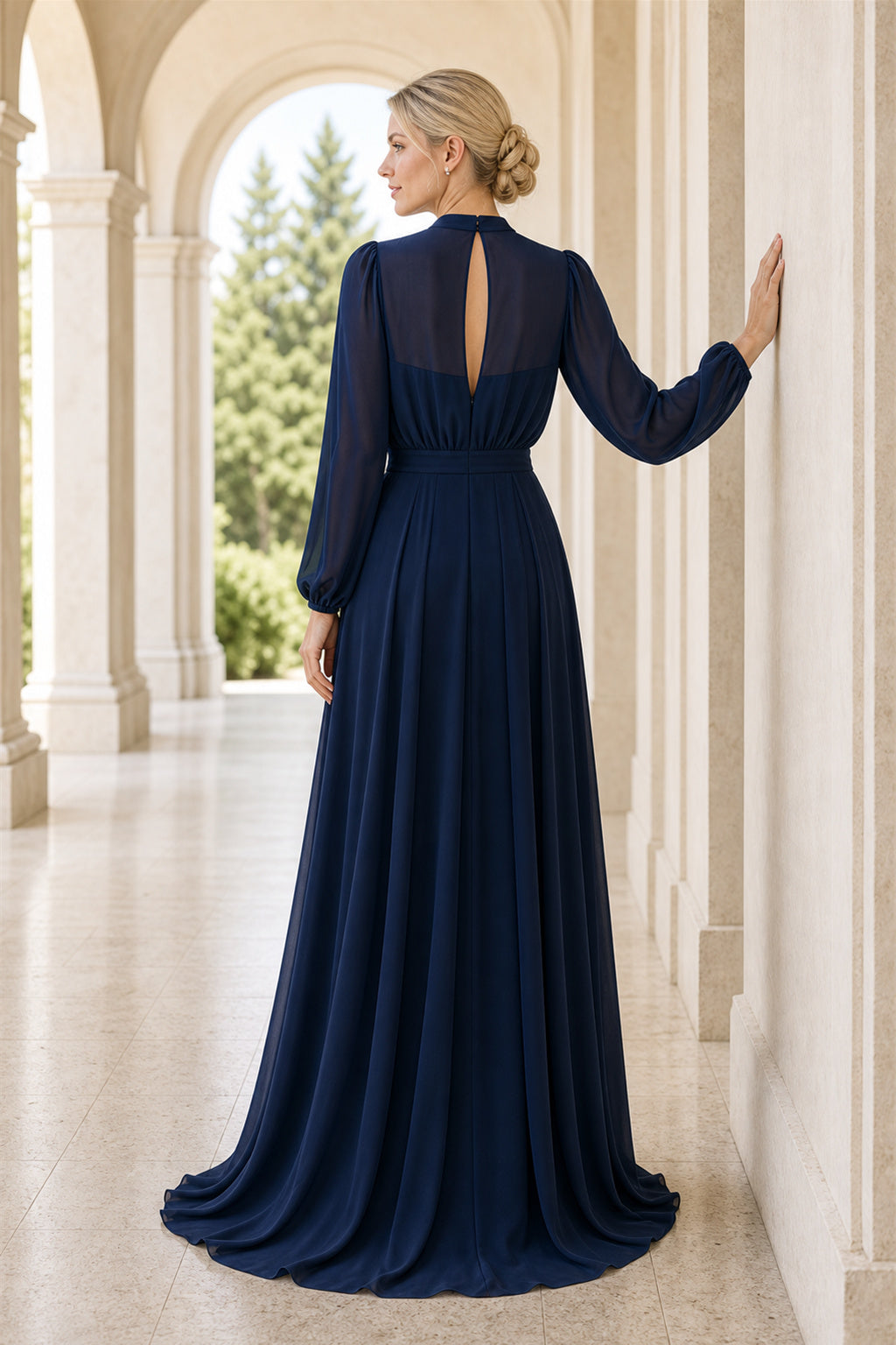 Navy High-Neck Long Sleeve A-Line Chiffon Floor-Length Dress With Keyhole Back