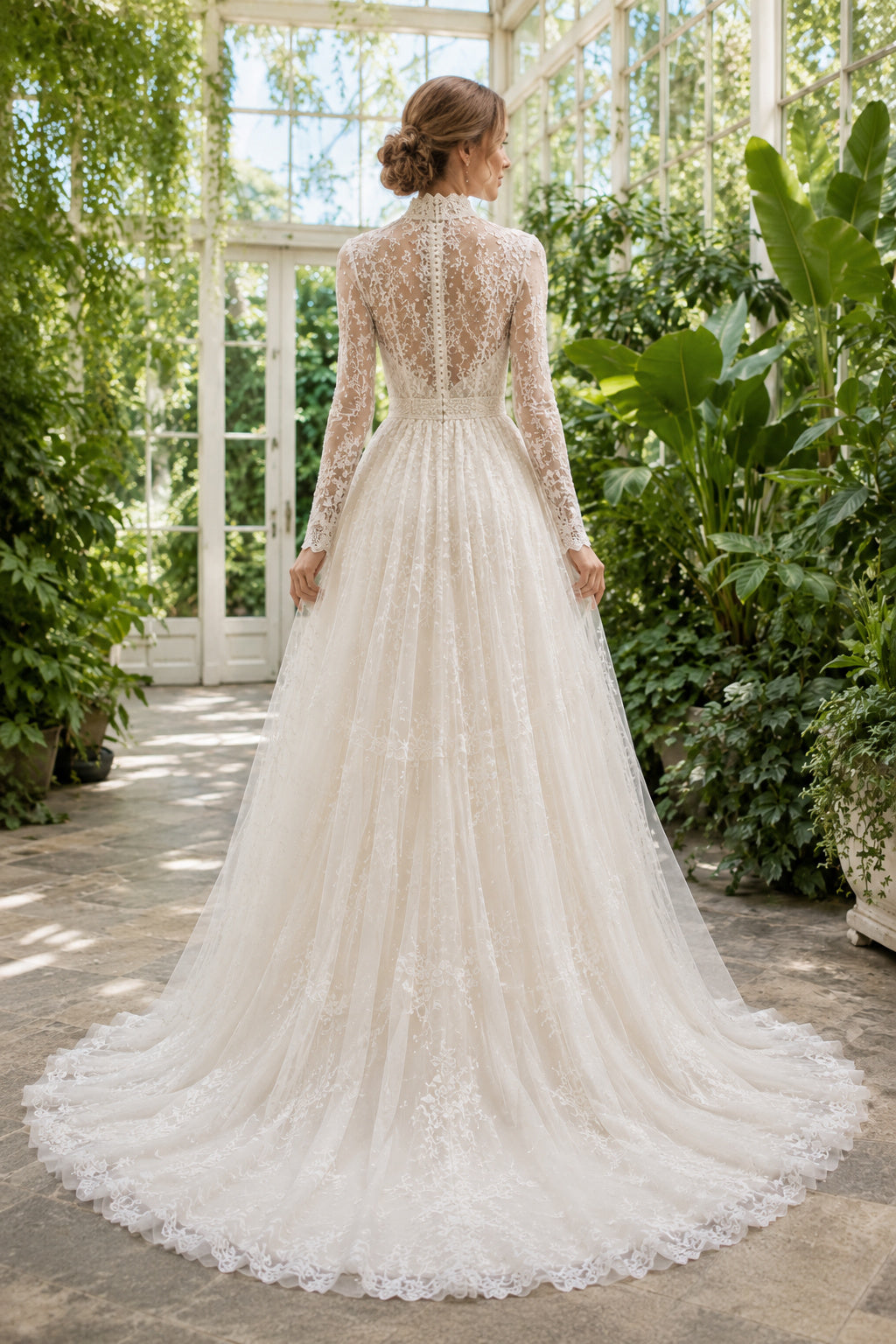 Ivory Luxury High Neck A-Line Lace Tulle Wedding Dress with Long Lace Sleeves and Chapel Train Style MG_701340 back view