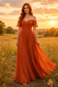 Orange Off-the-Shoulder Chiffon A-Line Bridesmaid Dress with Flutter Sleeves and Draped Skirt front view