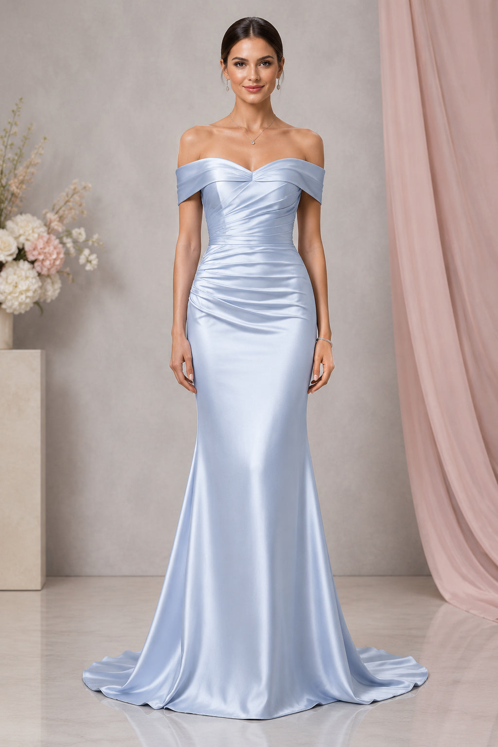 Sky Blue Off-the-Shoulder Satin Mermaid Formal Dress with Ruched Bodice and Sweep Train front view