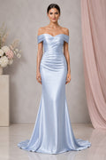 Sky Blue Off-the-Shoulder Satin Mermaid Formal Dress with Ruched Bodice and Sweep Train front view
