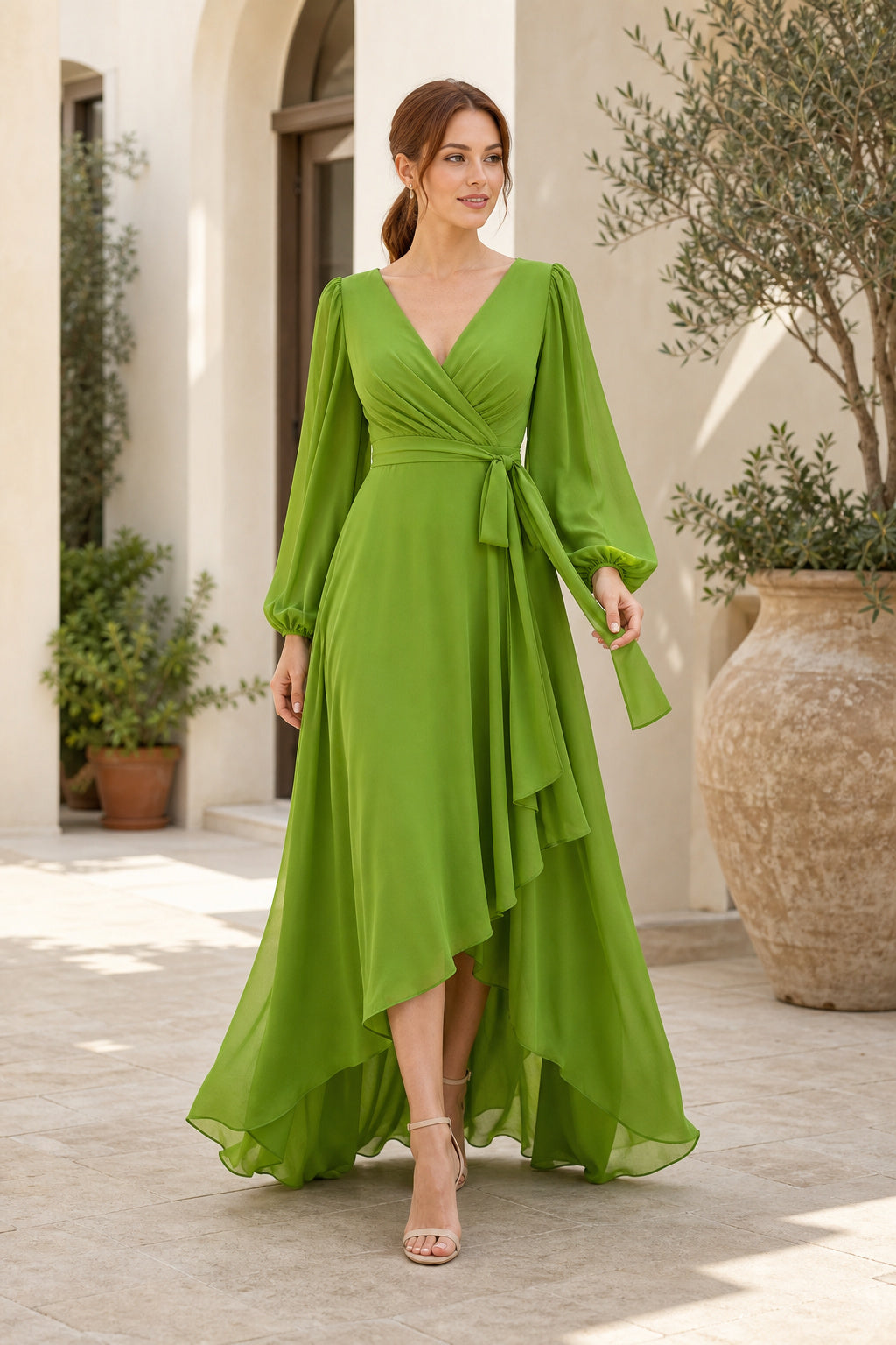 Lime V-neck Long Sleeve High-Low Chiffon Dress With Wrap Bodice
