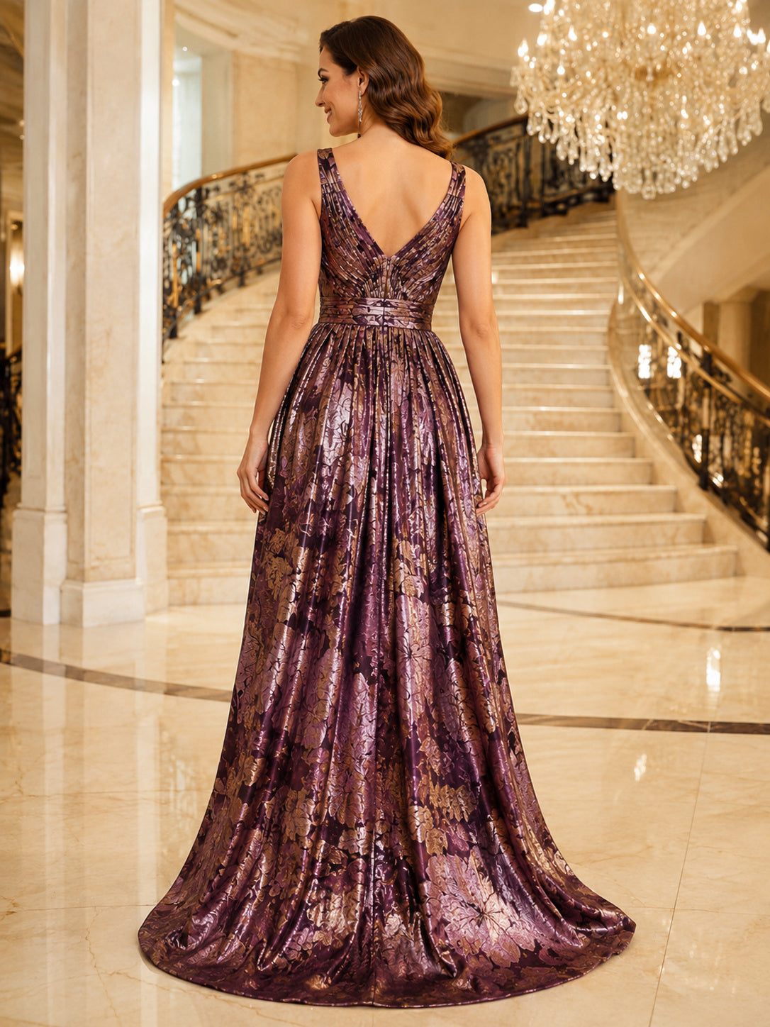 Mauve Metallic Floral V-Neck Sleeveless A-Line Floor-Length Evening Gown back view